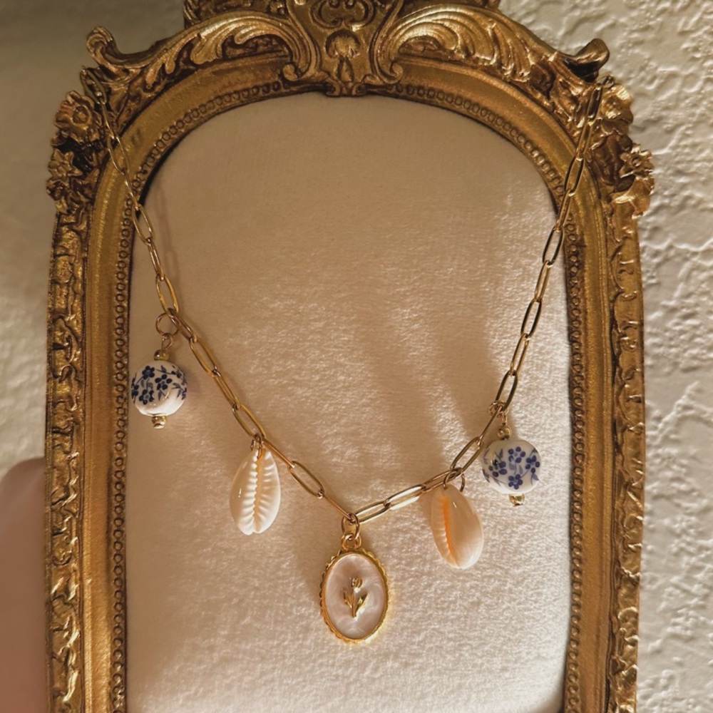 18k Gold Plated Charm Necklace- Seashells, Porcelain blue floral beads